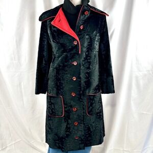 Vintage Crushed Velvet Faux Fur Black Red Long Coat NYE Party Glam Holiday Small